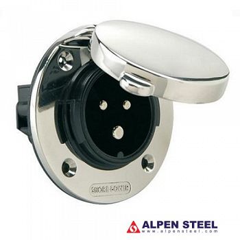 Power Inlet stainless with cover 16A/250Vac (2p/3w)